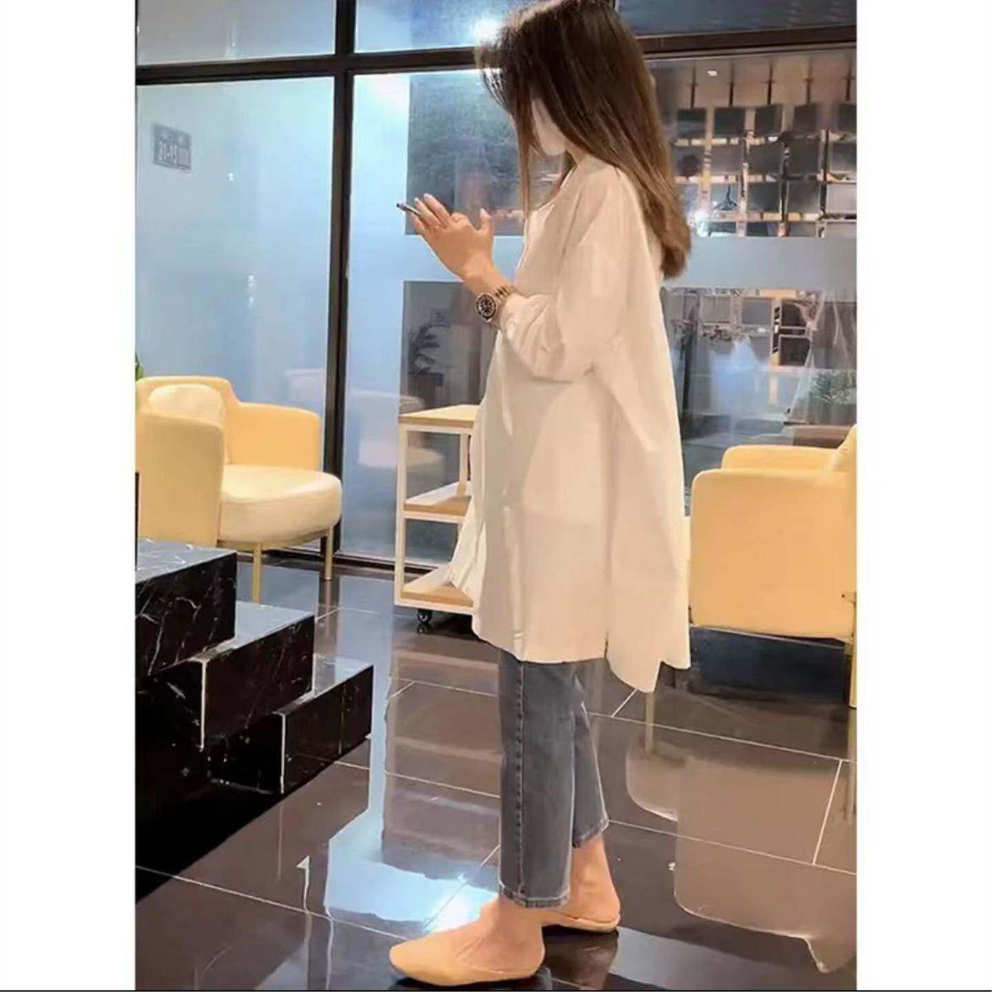 宽松大码复古中长款白色衬衫女春夏韩版设计感小众新款显瘦衬衣裙