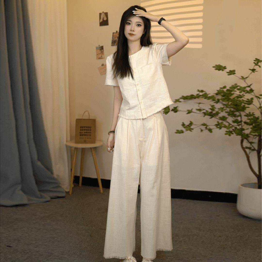 夏季复古高级感套装女韩版甜美减龄流苏上衣阔腿裤时尚气质两件套