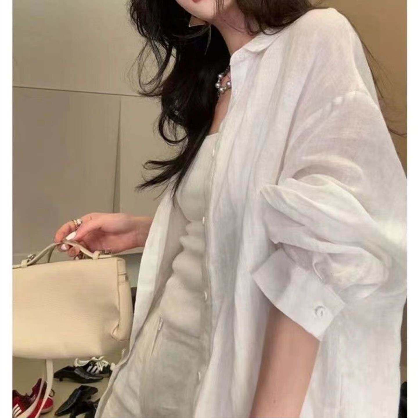 白色亚麻棉麻防晒衬衫外套女夏季薄款外搭衬衣宽松慵懒风气质上衣