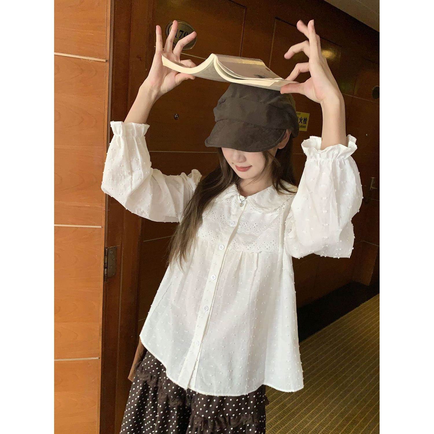 2026春季新款韩系甜美蕾丝花边娃娃领减龄气质长袖棉衬衣女上衣