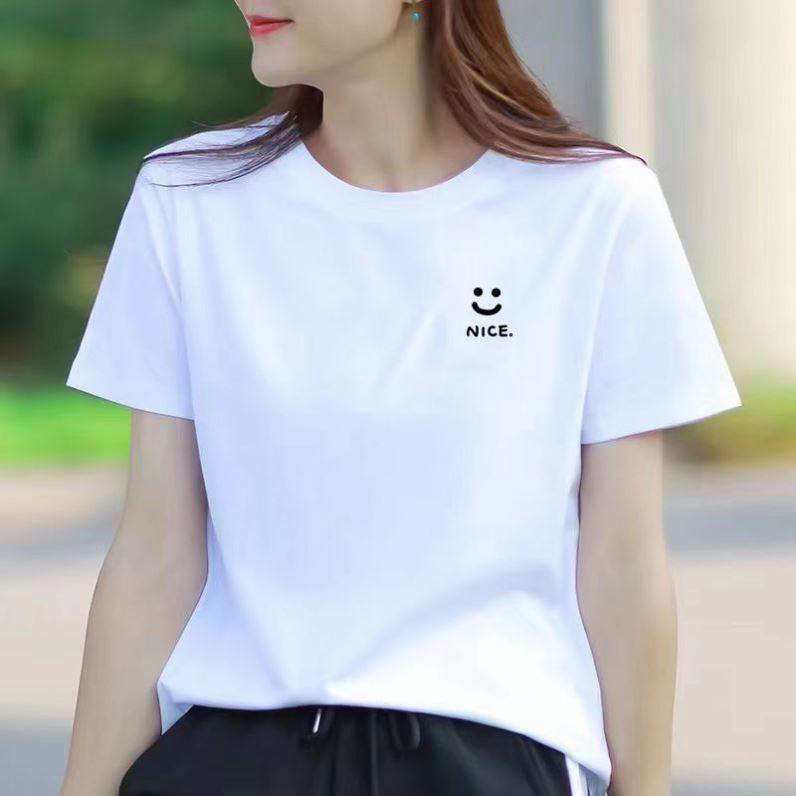 高档洋气白色印花女士t恤短袖夏季新款冰丝速干圆领宽松大码上衣