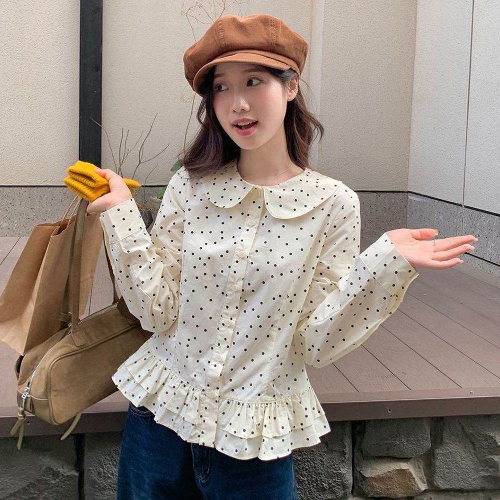 波点娃娃领衬衫女小众设计感叠穿衬衣甜美减龄小个子衬衣绑带上衣