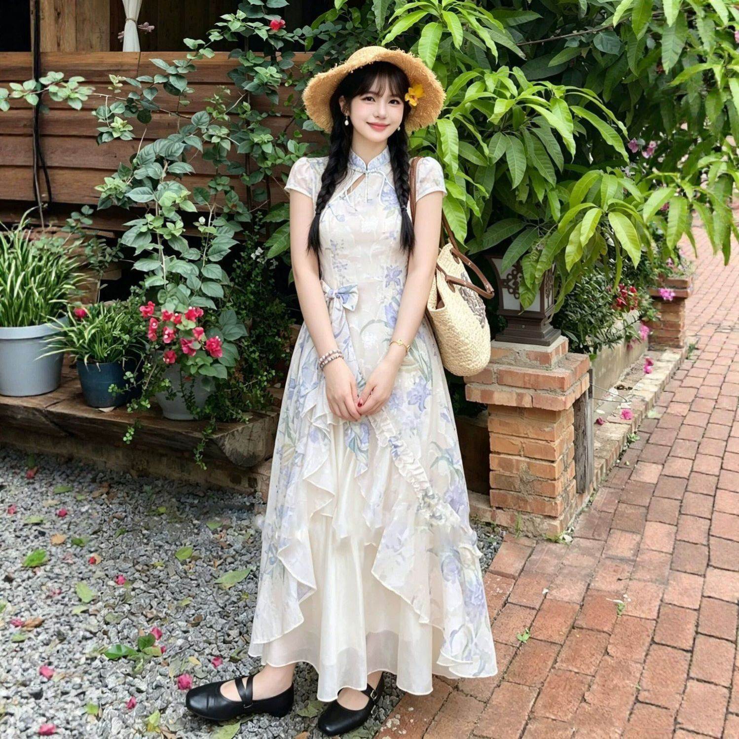 大码胖mm气质名媛连衣裙女夏季新中式改良旗袍印花不规则时尚长裙