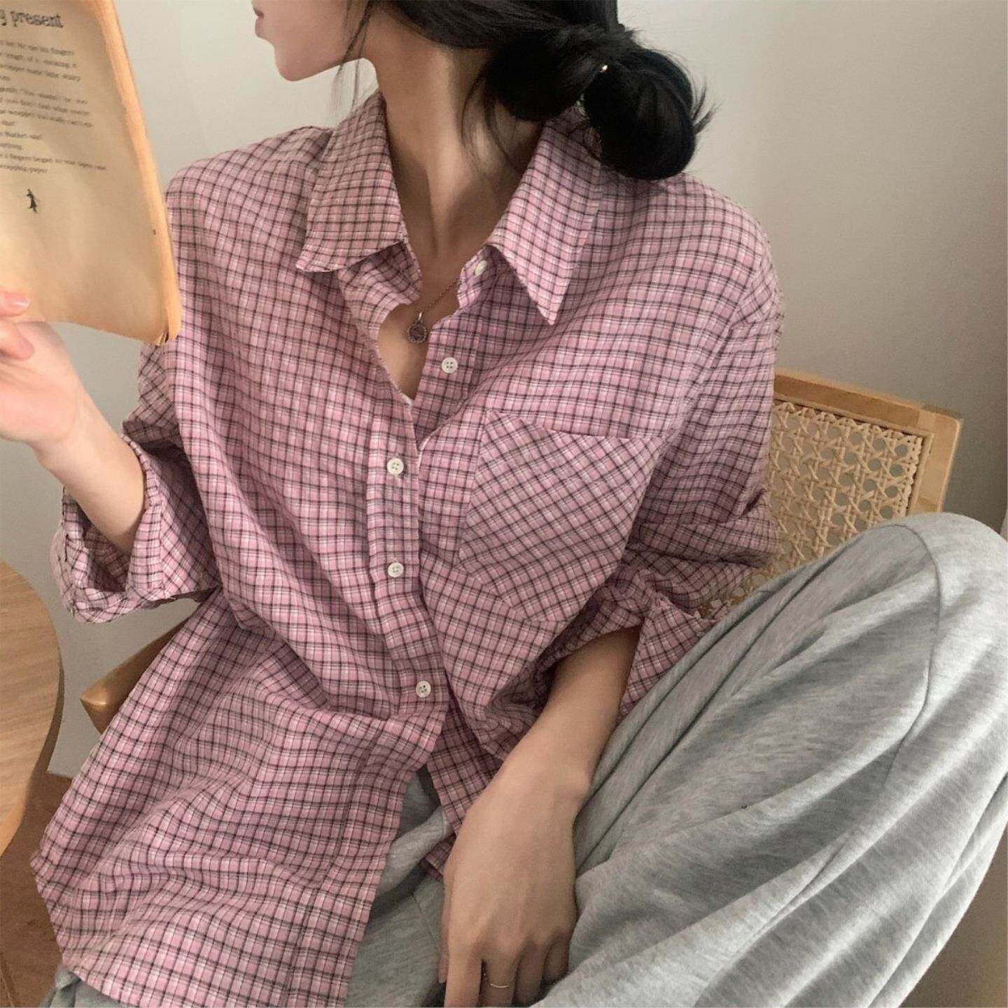 韩国chic早春新品韩版慵懒风少女感单排扣格子衬衫女宽松长袖衬衣