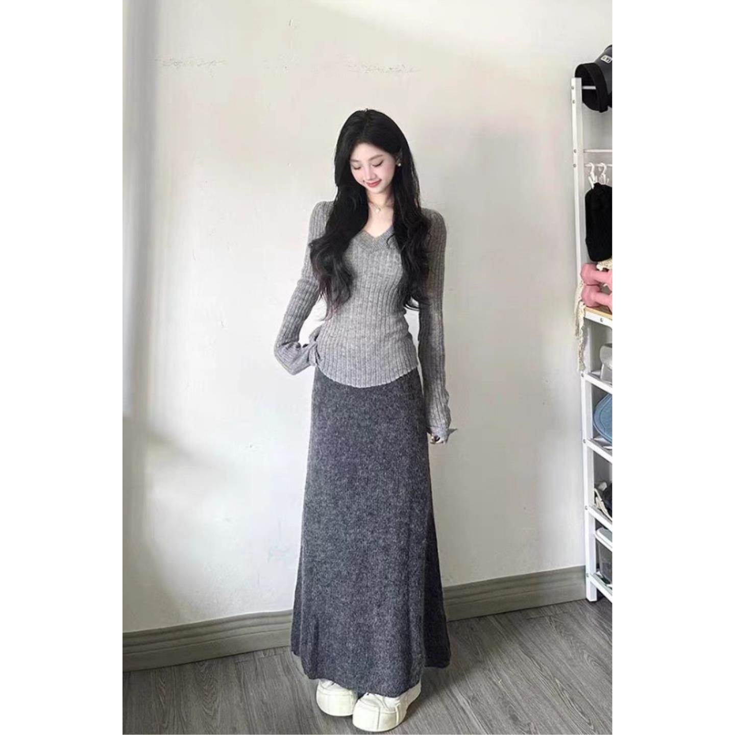 慵懒风软糯针织衫毛衣外套女秋冬季甜辣妹包臀鱼尾半身裙两件套装