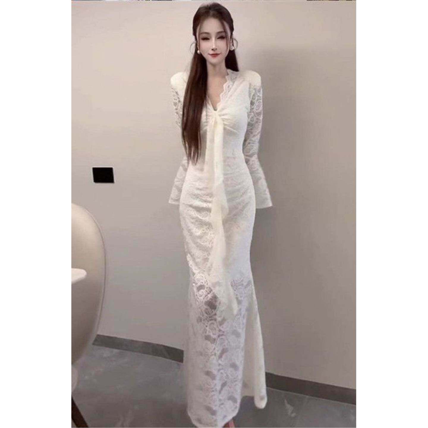 高级感白色蕾丝连衣裙女春夏新款设计感气质纯欲绑带收腰包臀长裙