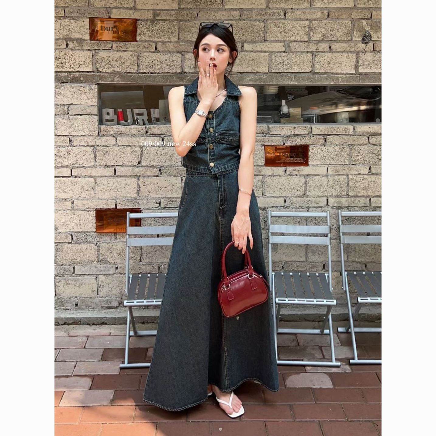 2026年新款辣妹复古牛仔套装女夏季短款排扣背心半身裙长裙两件套