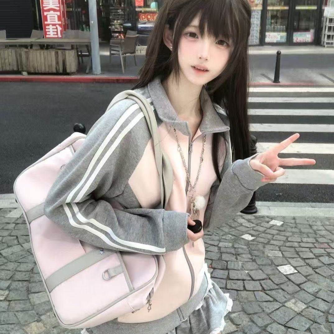 甜妹少女风拼接运动外套二条杠立领拉链卫衣宽松休闲学生开衫上衣