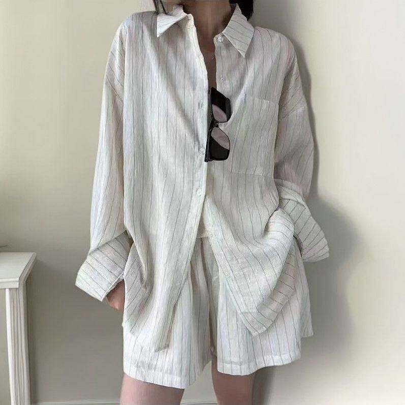 水洗亚麻混纺条纹衬衫加裤子套装老钱风松弛感慵懒宽松休闲两件套