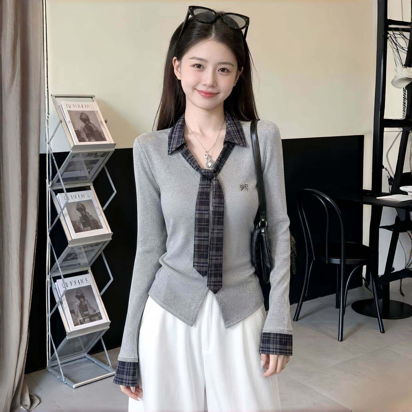 假两件长袖格纹衬衫领T恤女洋气修身2026秋季新款韩版学院风小衫