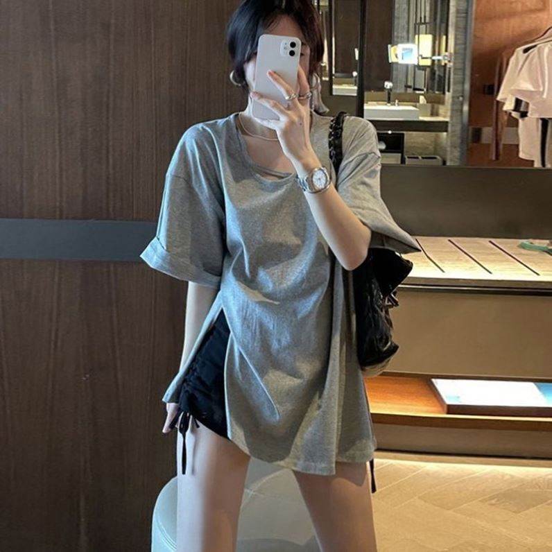 灰色开叉短袖t恤女2026新款夏宽松大版欧货潮美式复古大领口上衣