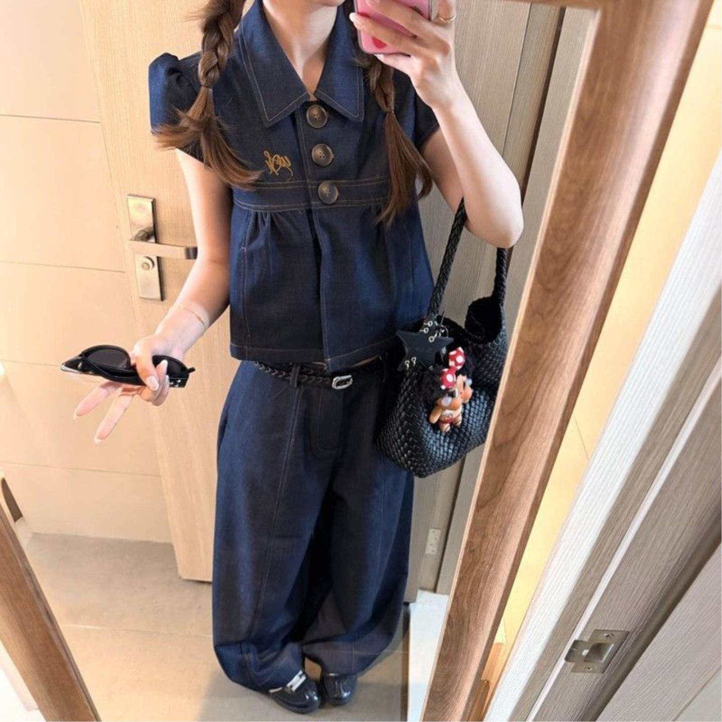 韩系学院风复古泡泡袖仿牛仔衬衫上衣女夏季直筒休闲阔腿裤子套装