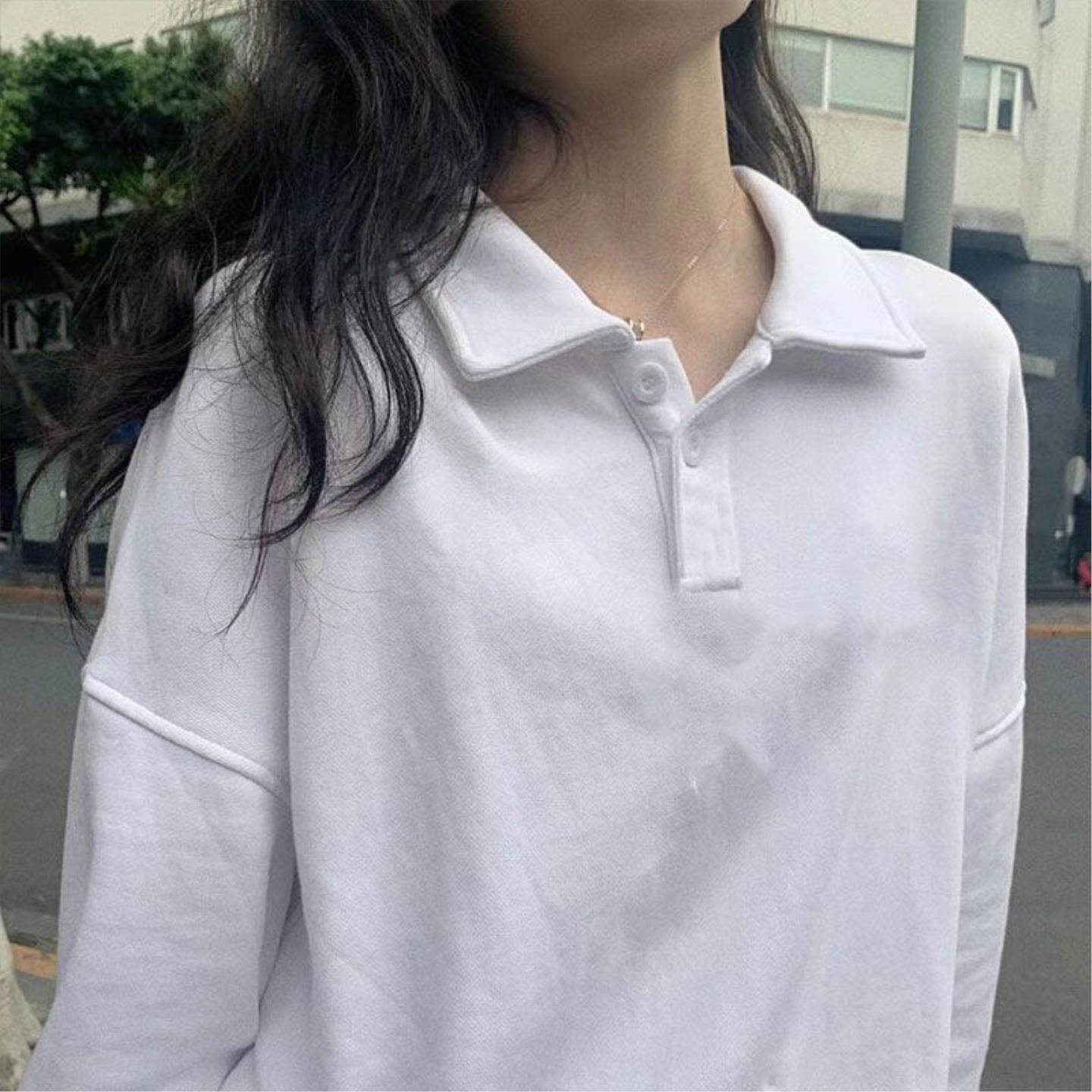 春季白色长袖polo领棉衫女洋气甜妹上衣宽松翻领内搭打底衣