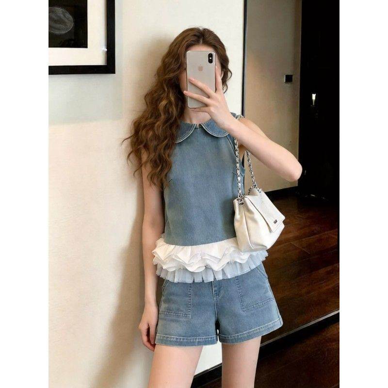 法式甜美牛仔套装女夏季新款荷叶边无袖上衣短裤两件套小个子显瘦