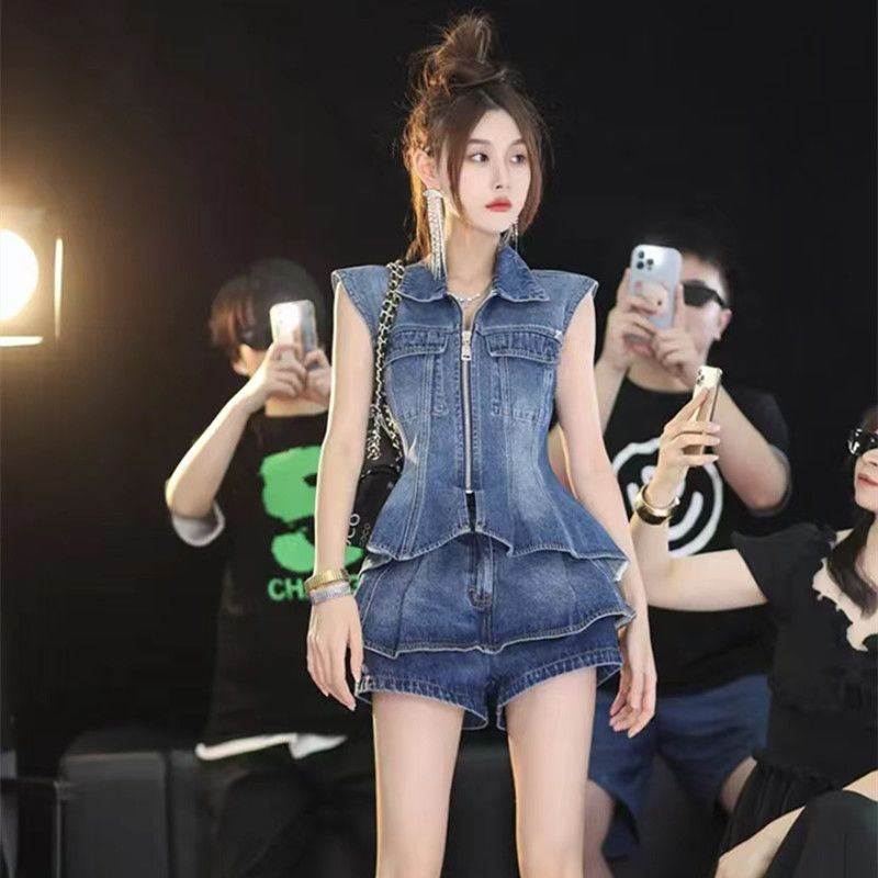 甜辣高级感牛仔套装女2026夏季新款拉链上衣短裤气质网红两件套