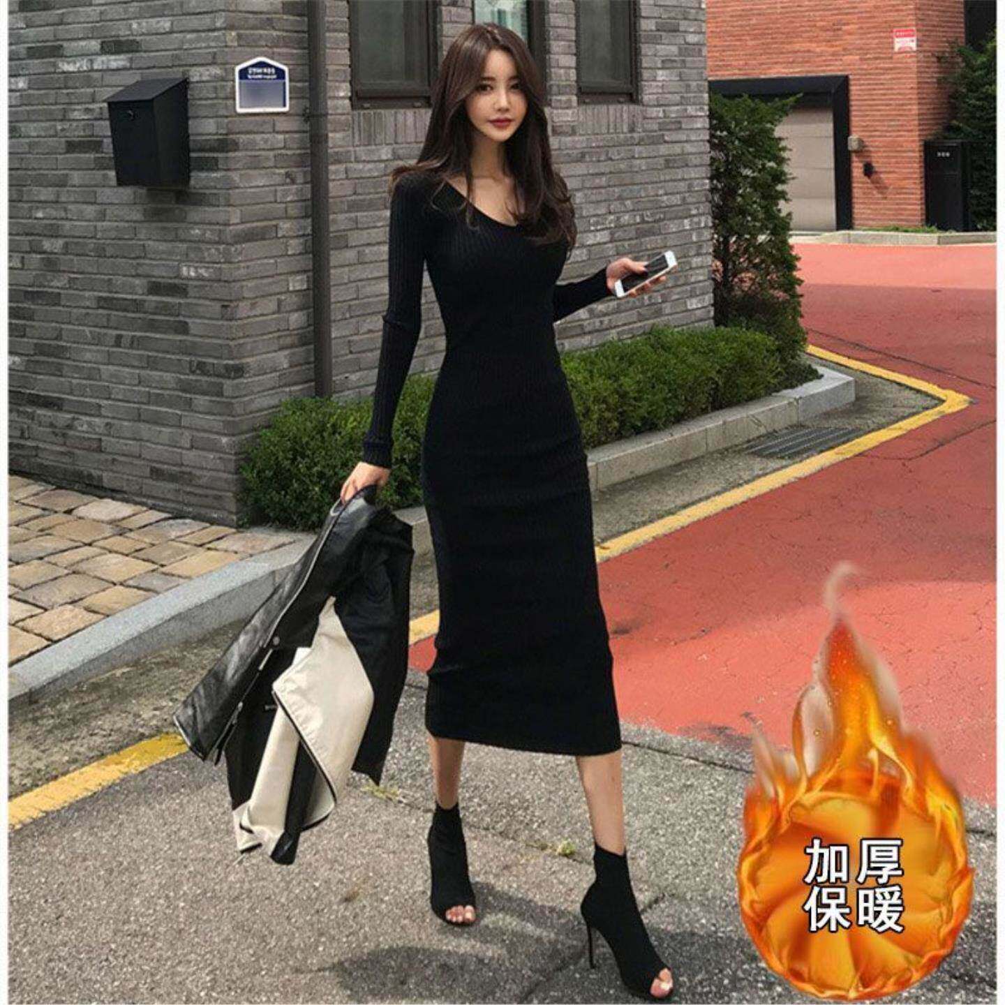 配大衣的毛衣裙子女秋冬内搭修身显瘦长款过膝针织打底包臀连衣裙