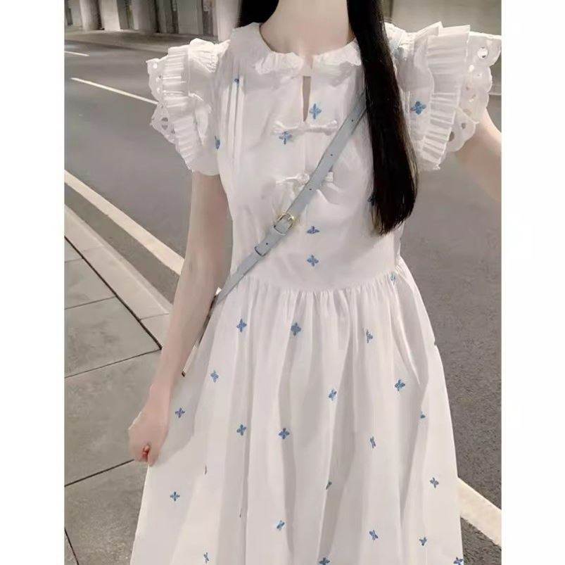甜美清新仙女小飞袖碎花长裙夏季新中式收腰显瘦白色长裙连衣裙女