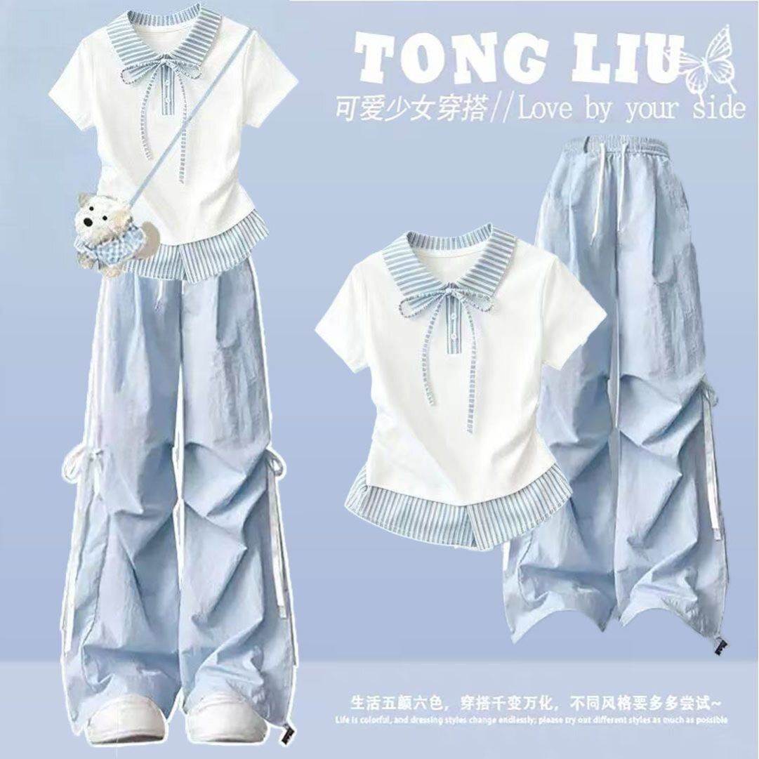 夏日小清新polo短袖t恤少女俏皮活泼初中学生显瘦工装裤两件套装