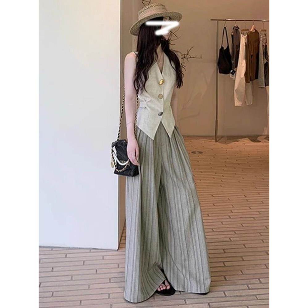时尚套装女2026夏季新款V领马甲背心条纹褶皱设计垂感休闲裤套装