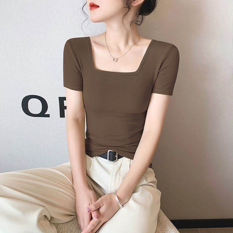 灰色t恤女正肩短袖夏季方领露锁骨紧身上衣显瘦u领体恤内搭打底衫