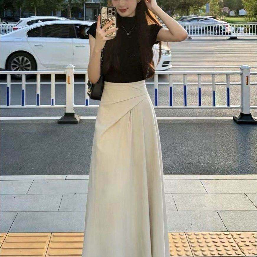 175高个子规则半身裙女夏季高腰显瘦a字裙褶皱设计感中长款伞裙