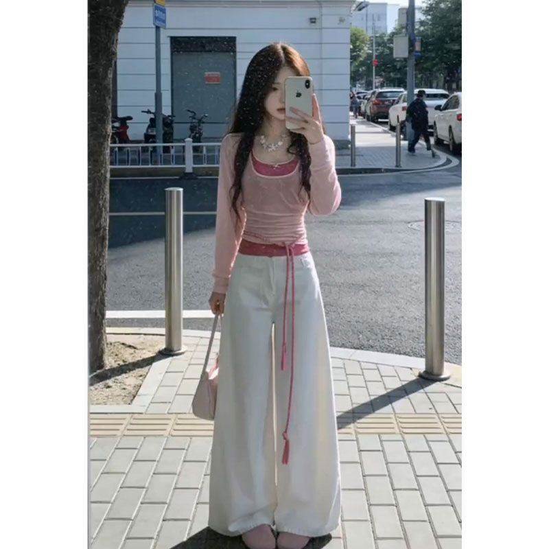 2026夏季新款女韩系穿搭薄款上衣内搭挂脖吊带高腰显瘦阔腿长裤