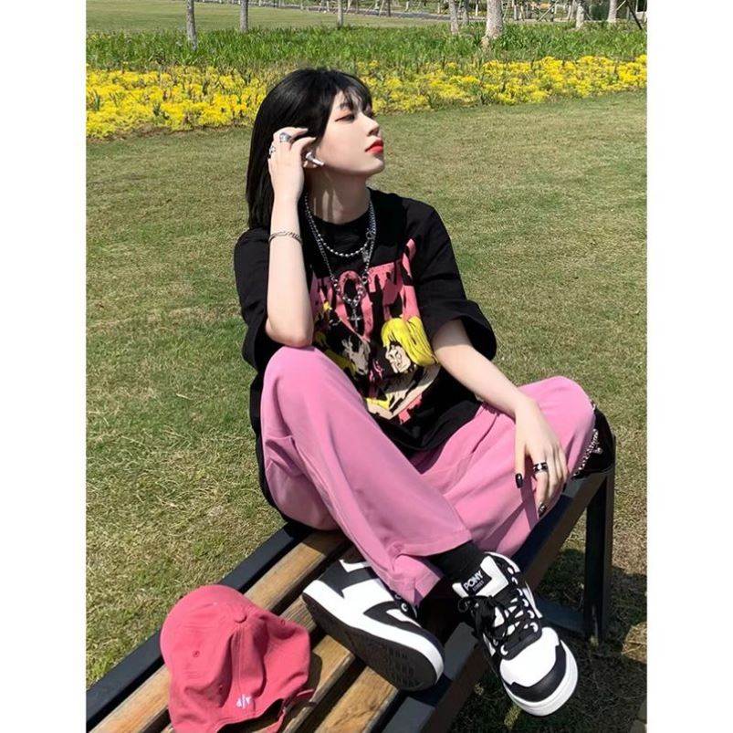 黑色正肩短袖t恤女2026夏季新款卡通字母印花宽松休闲中长款上衣
