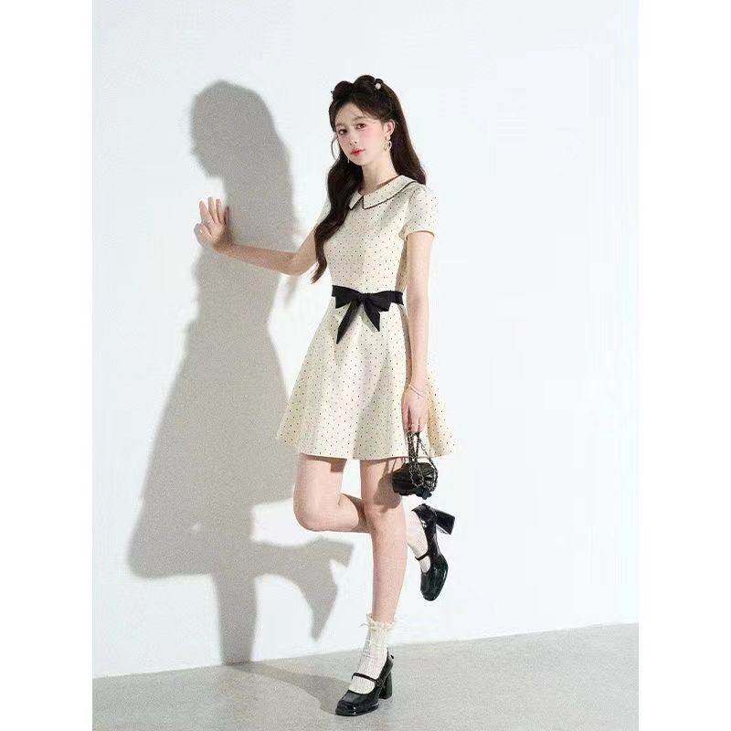 娃娃领甜美杏色波点连衣裙女夏季小香风法式掐腰系小洋裙字裙