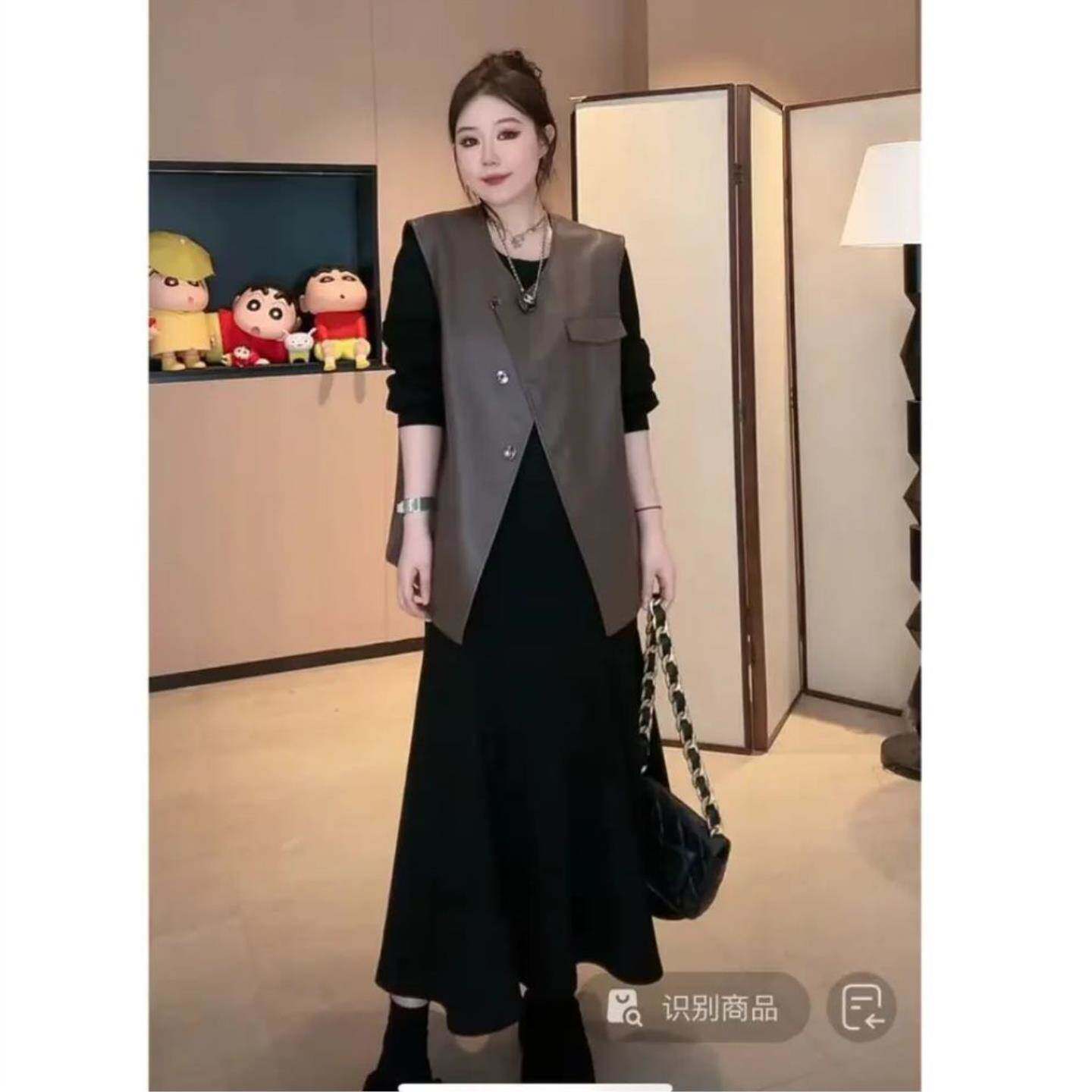 大码mm气质高级盐系轻熟长袖连衣裙女春季收腰显瘦裙子马甲两件套
