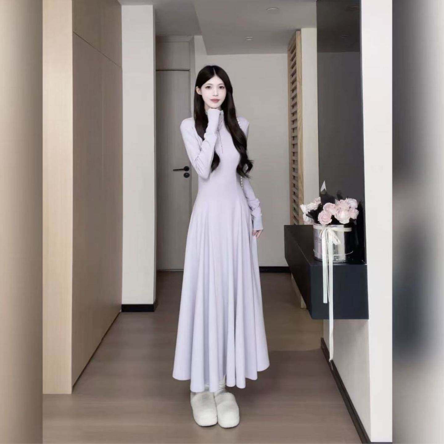 半高领毛感长袖连衣裙女春夏新款收腰显瘦高级感内搭打底A字长裙