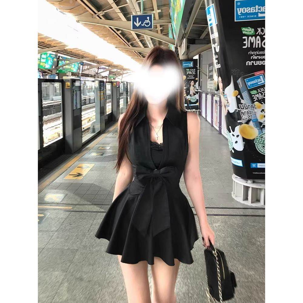 法式气质黑色辣妹收腰蕾丝新款连衣裙夏季纯欲风蝴蝶结小黑裙