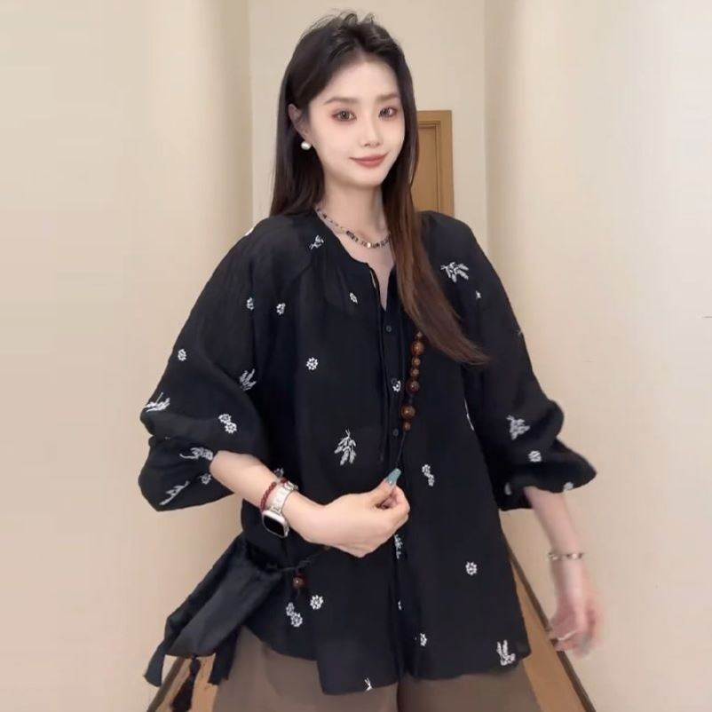 法式优雅别致印花系带衬衫女夏季胖mm单排多扣减龄气质上衣小衫
