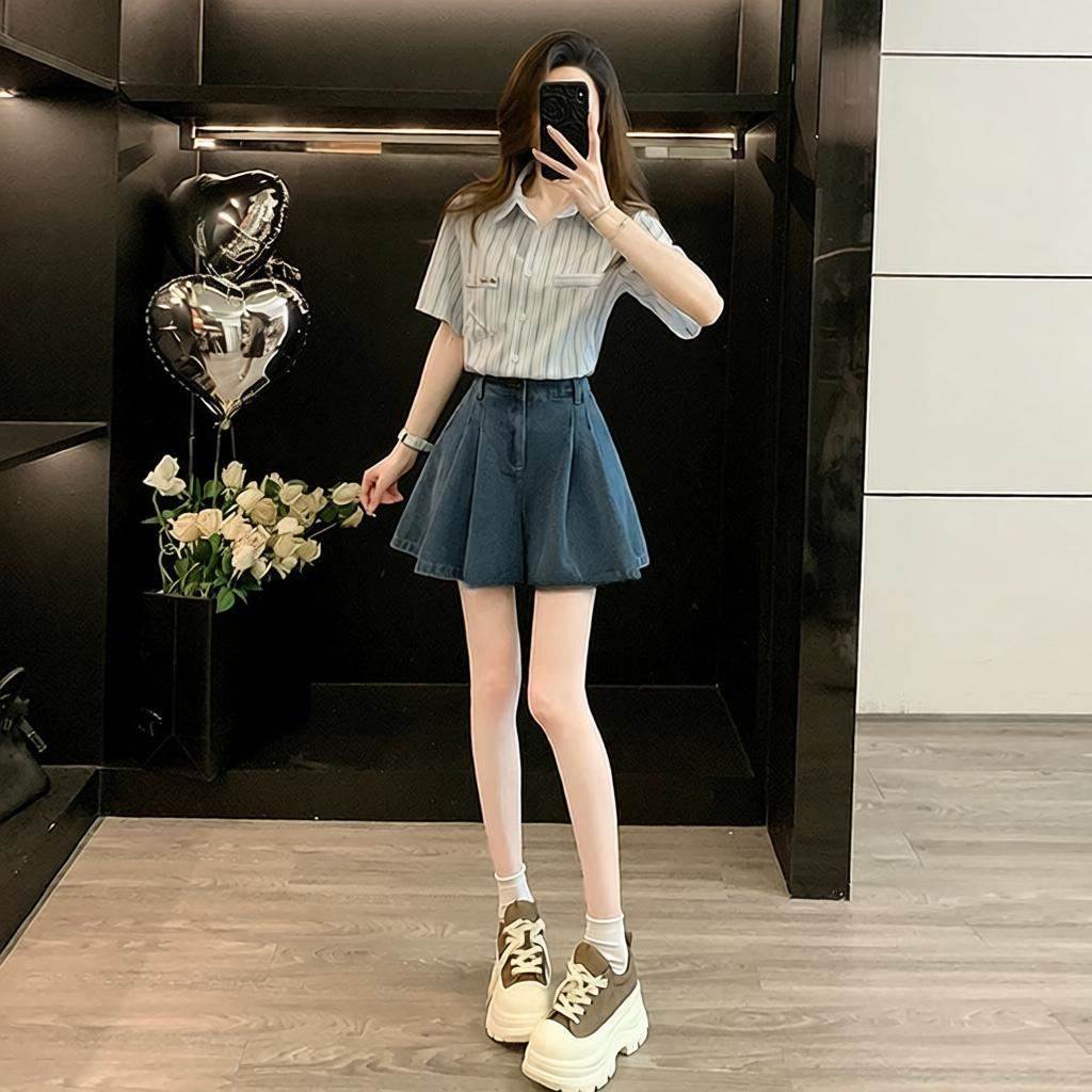 夏季新款清爽少女甜美条纹衬衫复古港风时尚牛仔短裙气质两件套