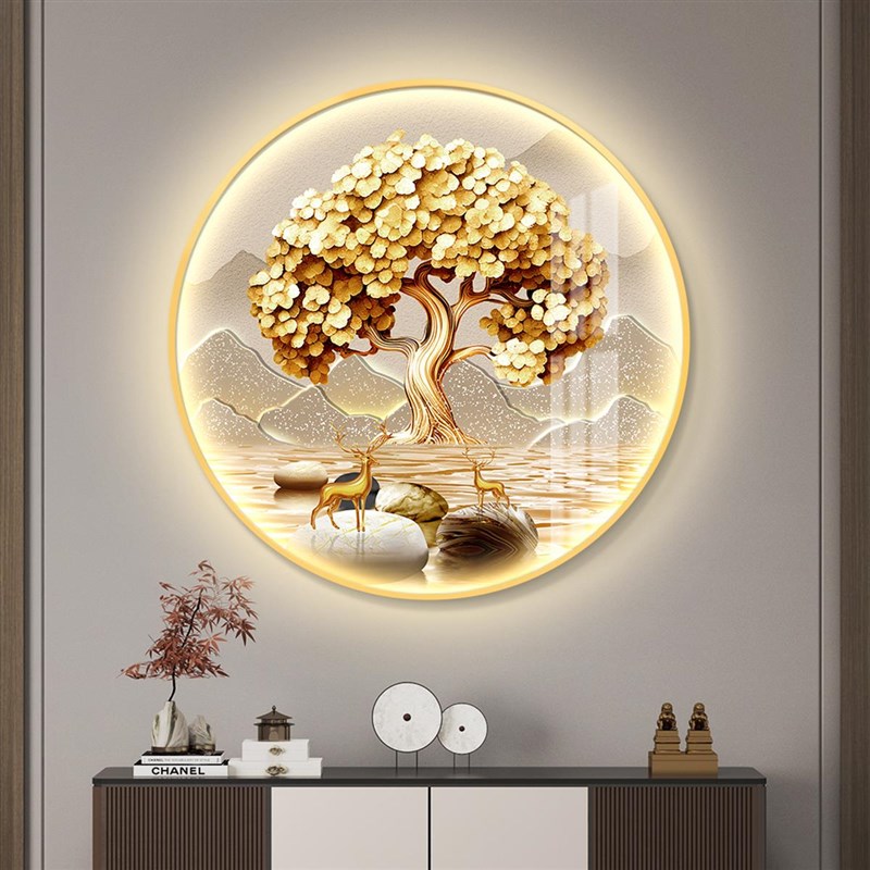轻奢led带灯圆形入户玄关装饰画发财树走廊过道挂画壁画简约现代图片