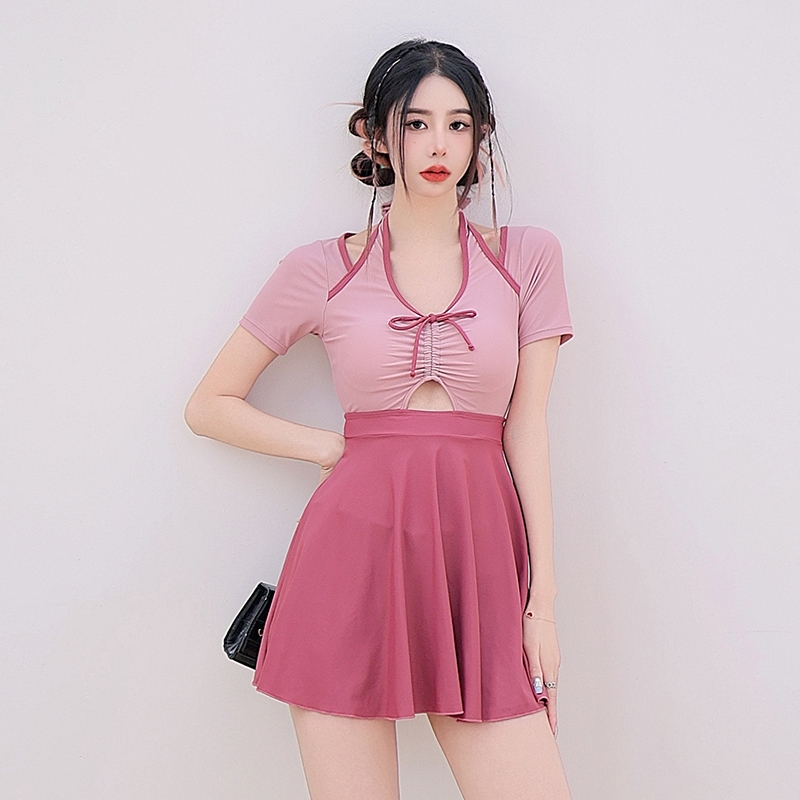 甜美日系大码胖mm泳衣q女连体裙式保守学生可爱微胖显瘦遮肚泡温