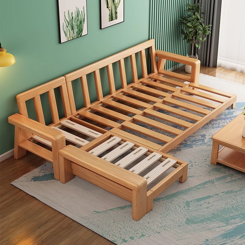 新中式实木沙发客厅三人现代简约原木小户型直排布艺两用沙发床