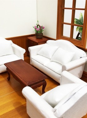 1:12娃娃屋迷你家具dollhouse清新白色沙发3件套带靠枕