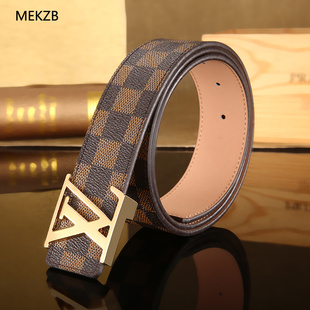 皮带男真皮平滑扣正装高端正品青年格子打孔牛皮牛仔裤腰带送礼