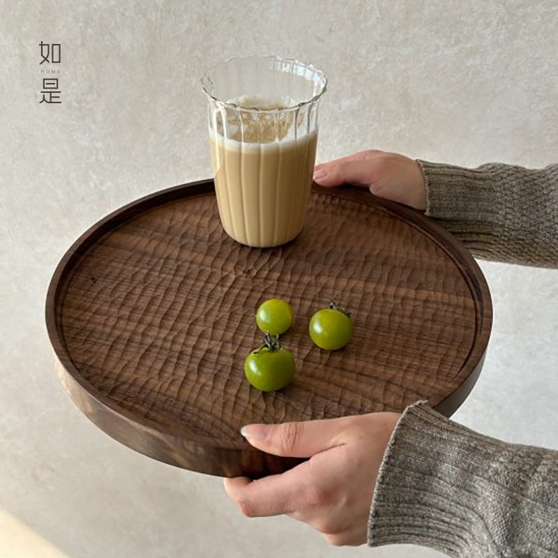 如是/日式黑胡桃木圆形托盘复古禅意木质托盘R实木茶盘手工餐盘