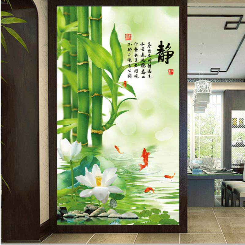 新中式竹子荷花石头九鱼图18d简约立体玄关墙纸壁画走廊过道墙布