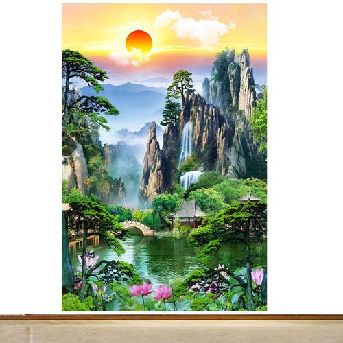 竖版无活物人间仙境堂口山水画家用中堂画暗堂墙贴小桥亭子自粘画