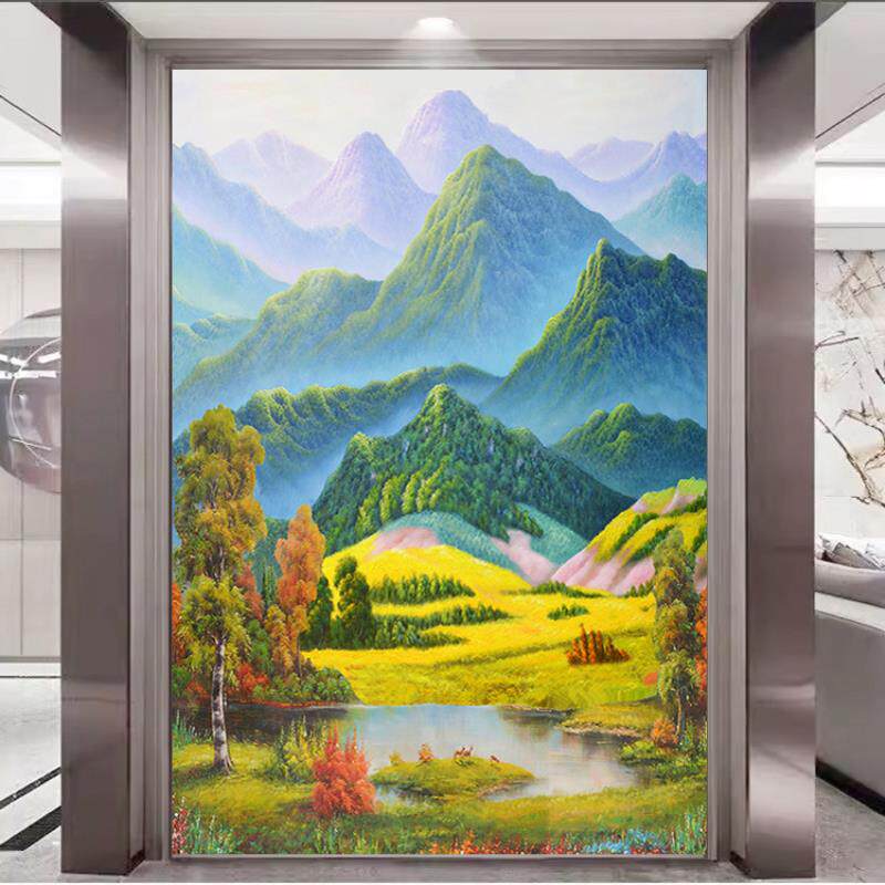 高水流水聚宝盆巨人山办公室玄关装饰画招财山水画自粘画墙贴壁画