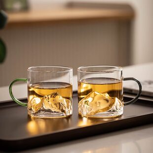 玻璃杯家用观山杯千里江山杯带把手青绿水杯高硼硅耐热水杯 日式