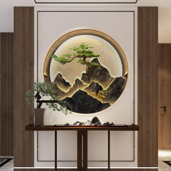 新中式轻奢入户入门玄关圆形装饰画过道走廊山水画芯墙纸壁纸墙布图片