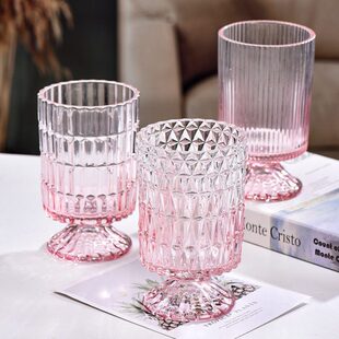 法式复古高脚杯插花餐桌北欧风轻奢专用高级浮雕透明感器玻璃花瓶