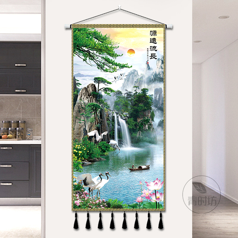 中式山水画d挂布背景布流水玄关客厅书房隔断装饰挂毯定制布艺挂图片
