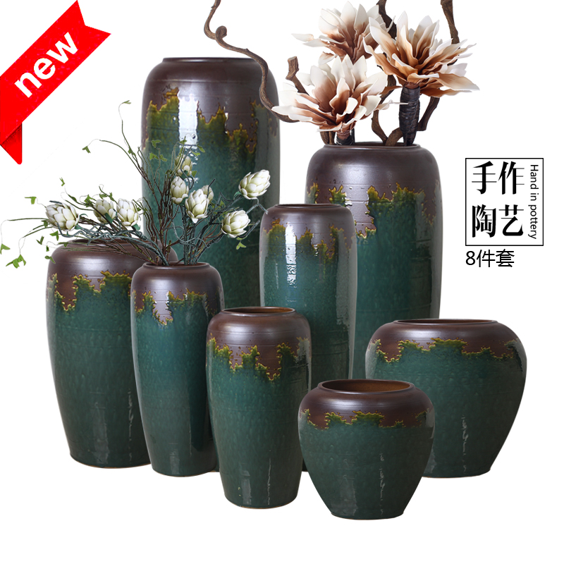 新中式绿色组合落地n大号干支陶罐橱窗摆件花盆样板房客厅工艺品