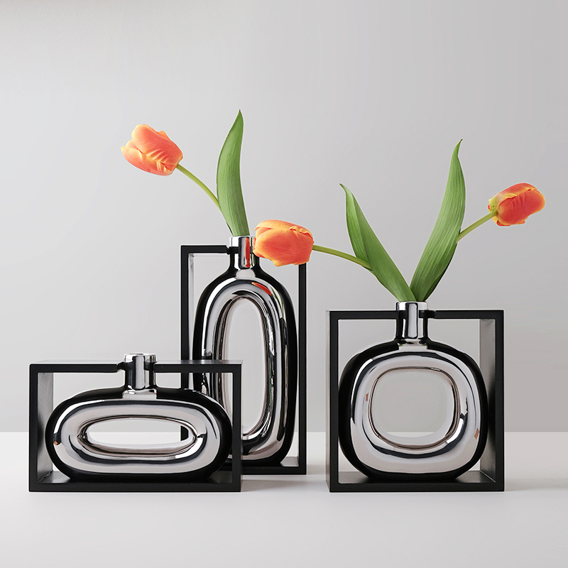 简约框体电镀银陶瓷花瓶摆件客厅餐桌面插P花 创意风高级感