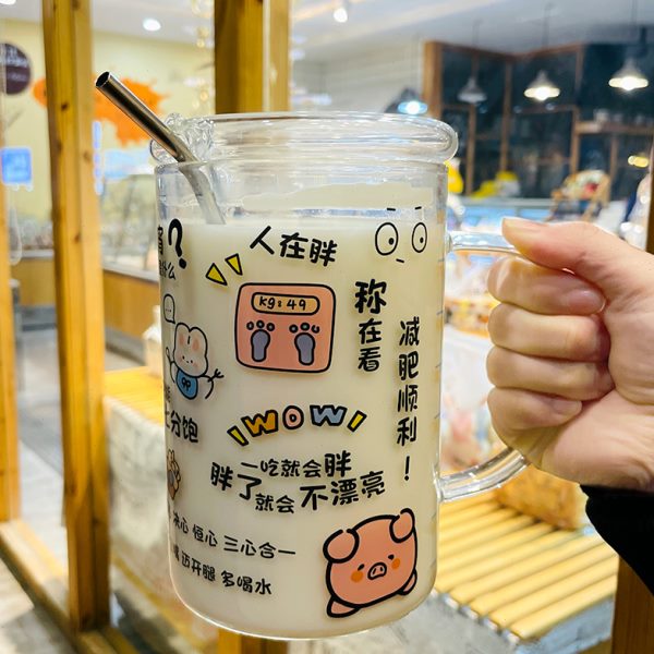 可爱青春励志大容量玻璃杯清新水杯女带吸管刻度带盖1000ml牛奶杯