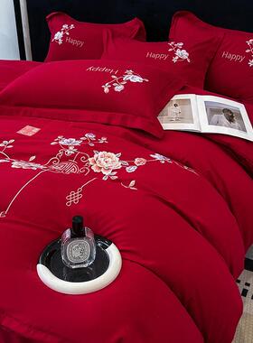 水洗棉四件套床上用品婚庆大红色被套床单家用双人床4件套轻奢风